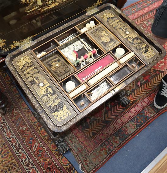 A 19th century Chinese export lacquer work table, W.64cm, D.44cm, H.72cm